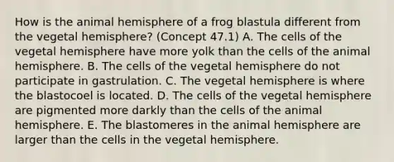 How is the animal hemisphere of a frog blastula different from the vegetal hemisphere? (Concept 47.1) A. The cells of the vegetal hemisphere have more yolk than the cells of the animal hemisphere. B. The cells of the vegetal hemisphere do not participate in gastrulation. C. The vegetal hemisphere is where the blastocoel is located. D. The cells of the vegetal hemisphere are pigmented more darkly than the cells of the animal hemisphere. E. The blastomeres in the animal hemisphere are larger than the cells in the vegetal hemisphere.