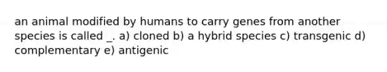 an animal modified by humans to carry genes from another species is called _. a) cloned b) a hybrid species c) transgenic d) complementary e) antigenic