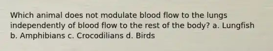 Which animal does not modulate blood flow to the lungs independently of blood flow to the rest of the body? a. Lungfish b. Amphibians c. Crocodilians d. Birds