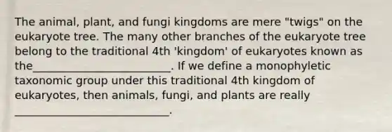 The animal, plant, and fungi kingdoms are mere "twigs" on the eukaryote tree. The many other branches of the eukaryote tree belong to the traditional 4th 'kingdom' of eukaryotes known as the_________________________. If we define a monophyletic taxonomic group under this traditional 4th kingdom of eukaryotes, then animals, fungi, and plants are really ____________________________.