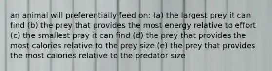 an animal will preferentially feed on: (a) the largest prey it can find (b) the prey that provides the most energy relative to effort (c) the smallest pray it can find (d) the prey that provides the most calories relative to the prey size (e) the prey that provides the most calories relative to the predator size