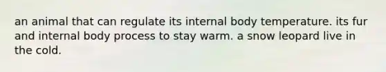 an animal that can regulate its internal body temperature. its fur and internal body process to stay warm. a snow leopard live in the cold.