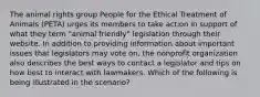 The animal rights group People for the Ethical Treatment of Animals (PETA) urges its members to take action in support of what they term "animal friendly" legislation through their website. In addition to providing information about important issues that legislators may vote on, the nonprofit organization also describes the best ways to contact a legislator and tips on how best to interact with lawmakers. Which of the following is being illustrated in the scenario?