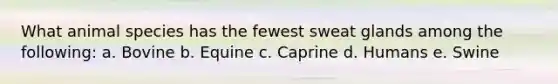 What animal species has the fewest sweat glands among the following: a. Bovine b. Equine c. Caprine d. Humans e. Swine