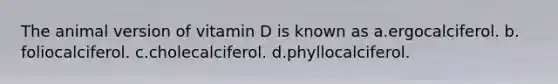 The animal version of vitamin D is known as ​a.​ergocalciferol. ​b.​foliocalciferol. ​c.​cholecalciferol. ​d.​phyllocalciferol.