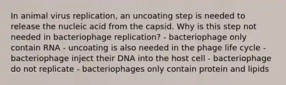 In animal virus replication, an uncoating step is needed to release the nucleic acid from the capsid. Why is this step not needed in bacteriophage replication? - bacteriophage only contain RNA - uncoating is also needed in the phage life cycle - bacteriophage inject their DNA into the host cell - bacteriophage do not replicate - bacteriophages only contain protein and lipids