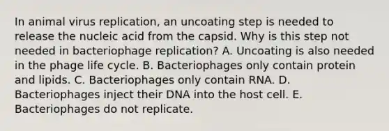 In animal virus replication, an uncoating step is needed to release the nucleic acid from the capsid. Why is this step not needed in bacteriophage replication? A. Uncoating is also needed in the phage life cycle. B. Bacteriophages only contain protein and lipids. C. Bacteriophages only contain RNA. D. Bacteriophages inject their DNA into the host cell. E. Bacteriophages do not replicate.