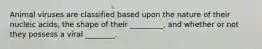 Animal viruses are classified based upon the nature of their nucleic acids, the shape of their _________, and whether or not they possess a viral ________.