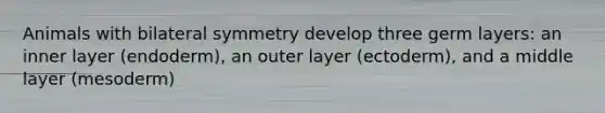 Animals with bilateral symmetry develop three germ layers: an inner layer (endoderm), an outer layer (ectoderm), and a middle layer (mesoderm)