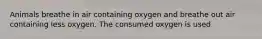 Animals breathe in air containing oxygen and breathe out air containing less oxygen. The consumed oxygen is used