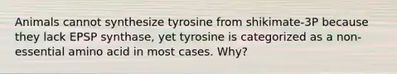 Animals cannot synthesize tyrosine from shikimate-3P because they lack EPSP synthase, yet tyrosine is categorized as a non-essential amino acid in most cases. Why?