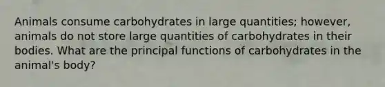 Animals consume carbohydrates in large quantities; however, animals do not store large quantities of carbohydrates in their bodies. What are the principal functions of carbohydrates in the animal's body?