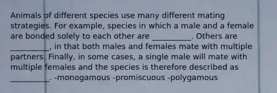 Animals of different species use many different mating strategies. For example, species in which a male and a female are bonded solely to each other are __________. Others are __________, in that both males and females mate with multiple partners. Finally, in some cases, a single male will mate with multiple females and the species is therefore described as __________. -monogamous -promiscuous -polygamous