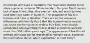 All animals with eyes or eyespots that have been studied so far share a gene in common. When mutated, the gene Pax-6 causes lack of eyes in fruit flies, tiny eyes in mice, and missing irises (and other eye parts) in humans. The sequence of Pax-6 in humans and mice is identical. There are so few sequence differences with fruit fly Pax-6 that the human/mouse version can cause eye formation in eyeless fruit flies, even though vertebrates and invertebrates last shared a common ancestor more than 500 million years ago. The appearance of Pax-6 in all animals with eyes can be explained in multiple ways. Based on the information above, which explanation is most likely?