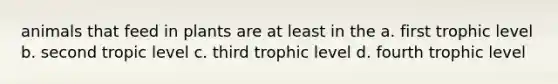 animals that feed in plants are at least in the a. first trophic level b. second tropic level c. third trophic level d. fourth trophic level