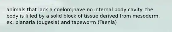 animals that lack a coelom;have no internal body cavity: the body is filled by a solid block of tissue derived from mesoderm. ex: planaria (dugesia) and tapeworm (Taenia)