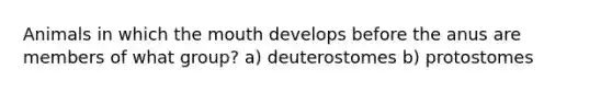 Animals in which the mouth develops before the anus are members of what group? a) deuterostomes b) protostomes