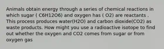 Animals obtain energy through a series of chemical reactions in which sugar ( C6H12O6) and oxygen has ( O2) are reactants . This process produces water(H2O) and carbon dioxide(CO2) as waste products. How might you use a radioactive isotope to find out whether the oxygen and CO2 comes from sugar or from oxygen gas