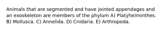 Animals that are segmented and have jointed appendages and an exoskeleton are members of the phylum A) Platyhelminthes. B) Mollusca. C) Annelida. D) Cnidaria. E) Arthropoda.