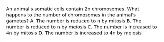 An animal's somatic cells contain 2n chromosomes. What happens to the number of chromosomes in the animal's gametes? A. The number is reduced to n by mitosis B. The number is reduced to n by meiosis C. The number is increased to 4n by mitosis D. The number is increased to 4n by meiosis