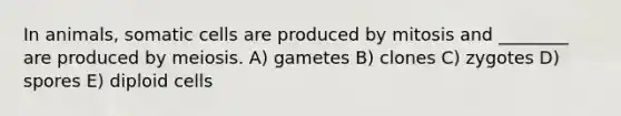 In animals, somatic cells are produced by mitosis and ________ are produced by meiosis. A) gametes B) clones C) zygotes D) spores E) diploid cells