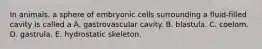 In animals, a sphere of embryonic cells surrounding a fluid-filled cavity is called a A. gastrovascular cavity. B. blastula. C. coelom. D. gastrula. E. hydrostatic skeleton.