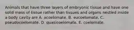 Animals that have three layers of embryonic tissue and have one solid mass of tissue rather than tissues and organs nestled inside a body cavity are A. acoelomate. B. eucoelomate. C. pseudocoelomate. D. quasicoelomate. E. coelomate.