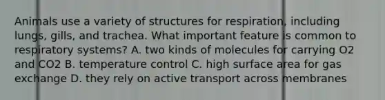 Animals use a variety of structures for respiration, including lungs, gills, and trachea. What important feature is common to respiratory systems? A. two kinds of molecules for carrying O2 and CO2 B. temperature control C. high <a href='https://www.questionai.com/knowledge/kEtsSAPENL-surface-area' class='anchor-knowledge'>surface area</a> for <a href='https://www.questionai.com/knowledge/kU8LNOksTA-gas-exchange' class='anchor-knowledge'>gas exchange</a> D. they rely on active transport across membranes