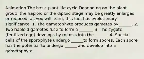 Animation The basic plant life cycle Depending on the plant group, the haploid or the diploid stage may be greatly enlarged or reduced; as you will learn, this fact has evolutionary significance. 1. The gametophyte produces gametes by ______. 2. Two haploid gametes fuse to form a _______ 3. The zygote (fertilized egg) develops by mitosis into the ______. 4. Special cells of the sporophyte undergo ______to form spores. Each spore has the potential to undergo ______ and develop into a gametophyte.