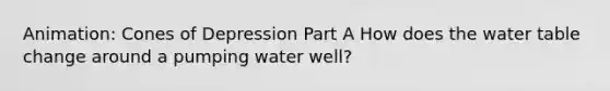 Animation: Cones of Depression Part A How does <a href='https://www.questionai.com/knowledge/kra6qgcwqy-the-water-table' class='anchor-knowledge'>the water table</a> change around a pumping water well?