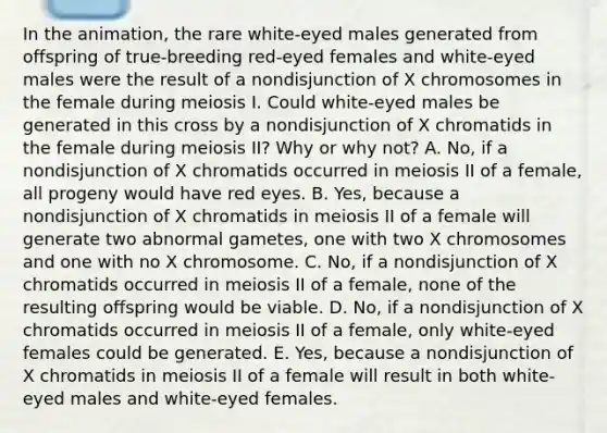 In the animation, the rare white‑eyed males generated from offspring of true‑breeding red‑eyed females and white‑eyed males were the result of a nondisjunction of X chromosomes in the female during meiosis I. Could white‑eyed males be generated in this cross by a nondisjunction of X chromatids in the female during meiosis II? Why or why not? A. No, if a nondisjunction of X chromatids occurred in meiosis II of a female, all progeny would have red eyes. B. Yes, because a nondisjunction of X chromatids in meiosis II of a female will generate two abnormal gametes, one with two X chromosomes and one with no X chromosome. C. No, if a nondisjunction of X chromatids occurred in meiosis II of a female, none of the resulting offspring would be viable. D. No, if a nondisjunction of X chromatids occurred in meiosis II of a female, only white-eyed females could be generated. E. Yes, because a nondisjunction of X chromatids in meiosis II of a female will result in both white-eyed males and white-eyed females.