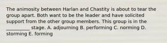 The animosity between Harlan and Chastity is about to tear the group apart. Both want to be the leader and have solicited support from the other group members. This group is in the​ __________ stage. A. adjourning B. performing C. norming D. storming E. forming