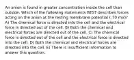 An anion is found in greater concentration inside the cell than outside. Which of the following statements BEST describes forces acting on the anion at the resting membrane potential (-70 mV)? A) The chemical force is directed into the cell and the electrical force is directed out of the cell. B) Both the chemical and electrical forces are directed out of the cell. C) The chemical force is directed out of the cell and the electrical force is directed into the cell. D) Both the chemical and electrical forces are directed into the cell. E) There is insufficient information to answer this question.