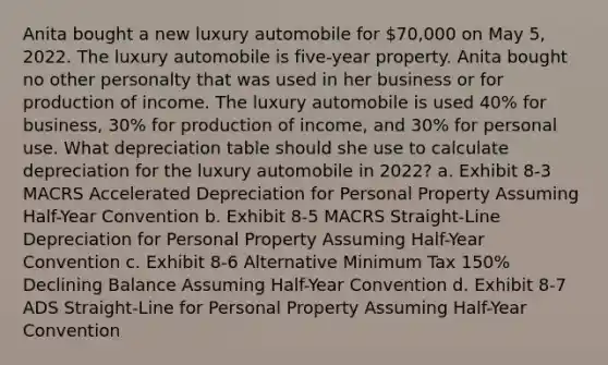 Anita bought a new luxury automobile for 70,000 on May 5, 2022. The luxury automobile is five-year property. Anita bought no other personalty that was used in her business or for production of income. The luxury automobile is used 40% for business, 30% for production of income, and 30% for personal use. What depreciation table should she use to calculate depreciation for the luxury automobile in 2022? a. Exhibit 8-3 MACRS Accelerated Depreciation for Personal Property Assuming Half-Year Convention b. Exhibit 8-5 MACRS Straight-Line Depreciation for Personal Property Assuming Half-Year Convention c. Exhibit 8-6 Alternative Minimum Tax 150% Declining Balance Assuming Half-Year Convention d. Exhibit 8-7 ADS Straight-Line for Personal Property Assuming Half-Year Convention