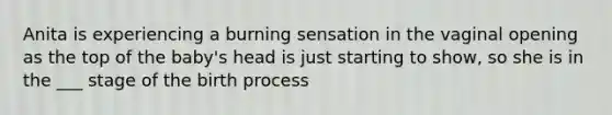 Anita is experiencing a burning sensation in the vaginal opening as the top of the baby's head is just starting to show, so she is in the ___ stage of the birth process