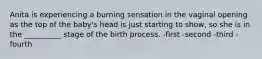 Anita is experiencing a burning sensation in the vaginal opening as the top of the baby's head is just starting to show, so she is in the __________ stage of the birth process. -first -second -third -fourth