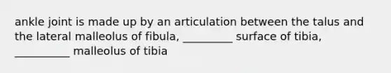 ankle joint is made up by an articulation between the talus and the lateral malleolus of fibula, _________ surface of tibia, __________ malleolus of tibia