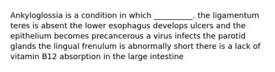 Ankyloglossia is a condition in which __________. the ligamentum teres is absent the lower esophagus develops ulcers and the epithelium becomes precancerous a virus infects the parotid glands the lingual frenulum is abnormally short there is a lack of vitamin B12 absorption in the <a href='https://www.questionai.com/knowledge/kGQjby07OK-large-intestine' class='anchor-knowledge'>large intestine</a>