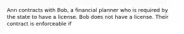 Ann contracts with Bob, a financial planner who is required by the state to have a license. Bob does not have a license. Their contract is enforceable if