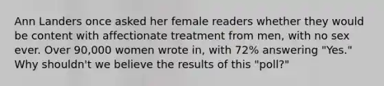 Ann Landers once asked her female readers whether they would be content with affectionate treatment from men, with no sex ever. Over 90,000 women wrote in, with 72% answering "Yes." Why shouldn't we believe the results of this "poll?"