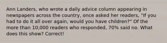 Ann Landers, who wrote a daily advice column appearing in newspapers across the country, once asked her readers, "If you had to do it all over again, would you have children?" Of the more than 10,000 readers who responded, 70% said no. What does this show? Correct!