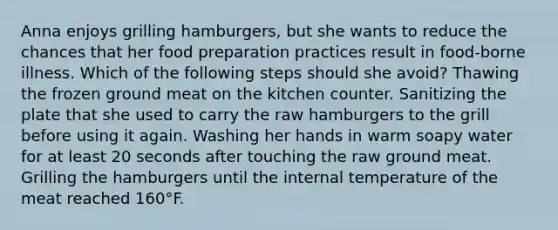 Anna enjoys grilling hamburgers, but she wants to reduce the chances that her food preparation practices result in food-borne illness. Which of the following steps should she avoid? Thawing the frozen ground meat on the kitchen counter. Sanitizing the plate that she used to carry the raw hamburgers to the grill before using it again. Washing her hands in warm soapy water for at least 20 seconds after touching the raw ground meat. Grilling the hamburgers until the internal temperature of the meat reached 160°F.