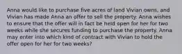 Anna would like to purchase five acres of land Vivian owns, and Vivian has made Anna an offer to sell the property. Anna wishes to ensure that the offer will in fact be held open for her for two weeks while she secures funding to purchase the property. Anna may enter into which kind of contract with Vivian to hold the offer open for her for two weeks?