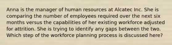 Anna is the manager of human resources at Alcatec Inc. She is comparing the number of employees required over the next six months versus the capabilities of her existing workforce adjusted for attrition. She is trying to identify any gaps between the two. Which step of the workforce planning process is discussed here?