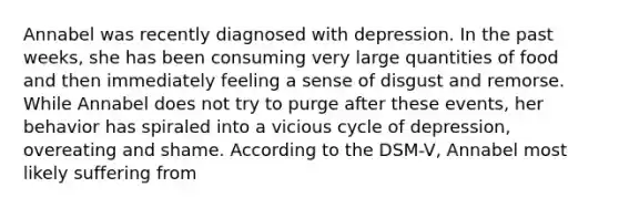 Annabel was recently diagnosed with depression. In the past weeks, she has been consuming very large quantities of food and then immediately feeling a sense of disgust and remorse. While Annabel does not try to purge after these events, her behavior has spiraled into a vicious cycle of depression, overeating and shame. According to the DSM-V, Annabel most likely suffering from