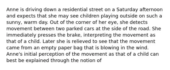 Anne is driving down a residential street on a Saturday afternoon and expects that she may see children playing outside on such a sunny, warm day. Out of the corner of her eye, she detects movement between two parked cars at the side of the road. She immediately presses the brake, interpreting the movement as that of a child. Later she is relieved to see that the movement came from an empty paper bag that is blowing in the wind. Anne's initial perception of the movement as that of a child can best be explained through the notion of