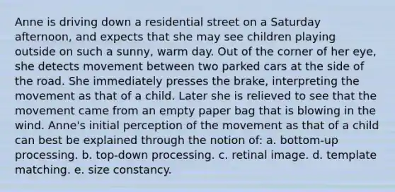 Anne is driving down a residential street on a Saturday afternoon, and expects that she may see children playing outside on such a sunny, warm day. Out of the corner of her eye, she detects movement between two parked cars at the side of the road. She immediately presses the brake, interpreting the movement as that of a child. Later she is relieved to see that the movement came from an empty paper bag that is blowing in the wind. Anne's initial perception of the movement as that of a child can best be explained through the notion of: a. bottom-up processing. b. top-down processing. c. retinal image. d. template matching. e. size constancy.