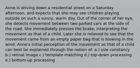 Anne is driving down a residential street on a Saturday afternoon, and expects that she may see children playing outside on such a sunny, warm day. Out of the corner of her eye, she detects movement between two parked cars at the side of the road. She immediately presses the brake, interpreting the movement as that of a child. Later she is relieved to see that the movement came from an empty paper bag that is blowing in the wind. Anne's initial perception of the movement as that of a child can best be explained through the notion of: a.) size constancy b.) retinal image c.) template matching d.) top-down processing e.) bottom-up processing