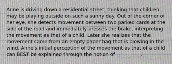 Anne is driving down a residential street, thinking that children may be playing outside on such a sunny day. Out of the corner of her eye, she detects movement between two parked cards at the side of the road and immediately presses the brake, interpreting the movement as that of a child. Later she realizes that the movement came from an empty paper bag that is blowing in the wind. Anne's initial perception of the movement as that of a child can BEST be explained through the notion of __________.