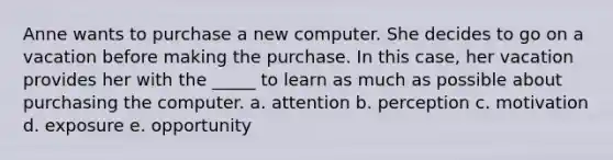 Anne wants to purchase a new computer. She decides to go on a vacation before making the purchase. In this case, her vacation provides her with the _____ to learn as much as possible about purchasing the computer. a. attention b. perception c. motivation d. exposure e. opportunity